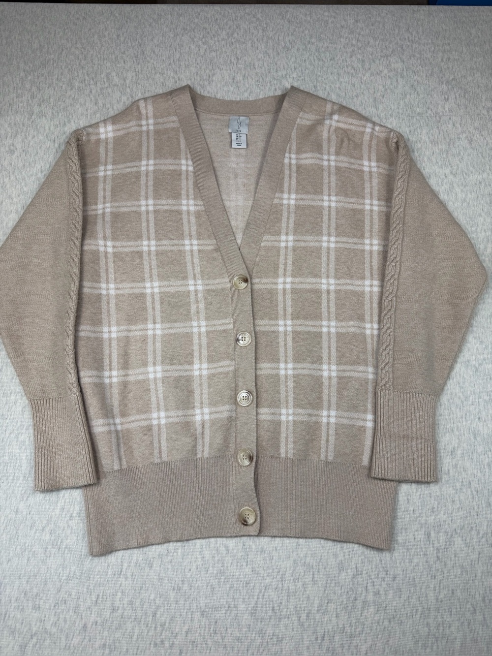 Joie Plaid Cable Knit Cardigan Sweater Women’s Size Small Beige Ivory Soft Cozy